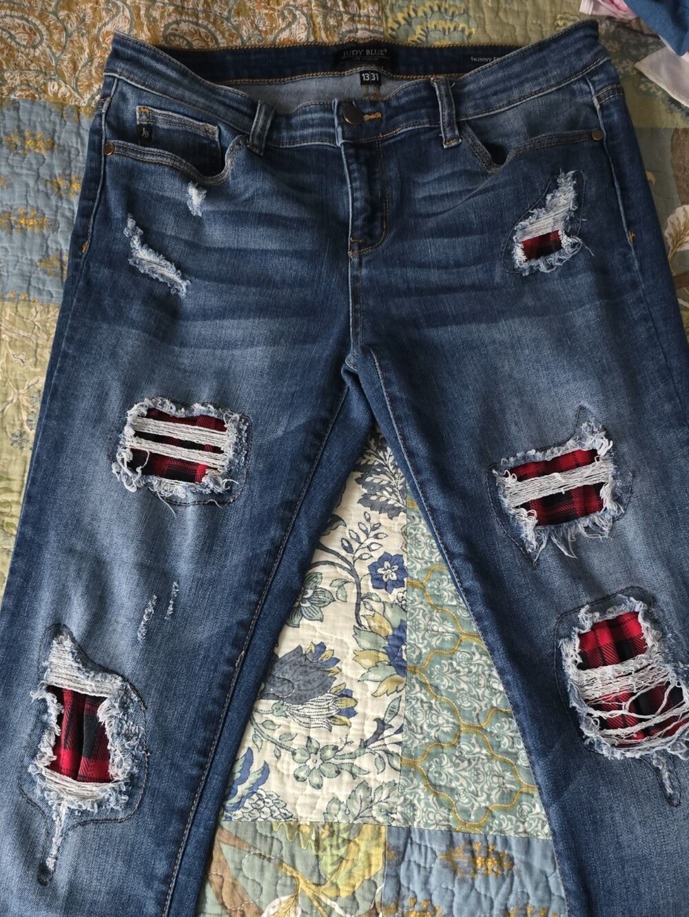 Judy Blue Women’s Distressed Dark Blue Jeans with Red Plaid Patch Details